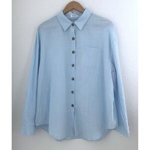 Hotouch Button up Shirt Womens L Baby Blue L/S Oversized Beach Resortwear Casual
